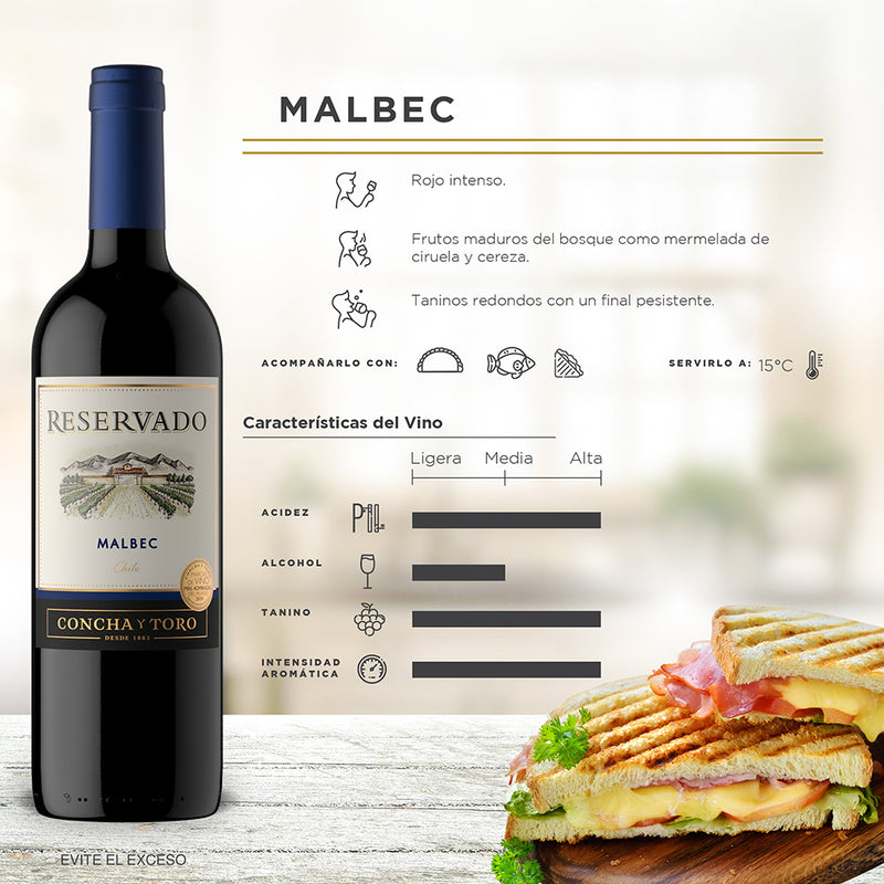 VINO TINTO CONCHA Y TORO RESERVADO MALBEC 750ML