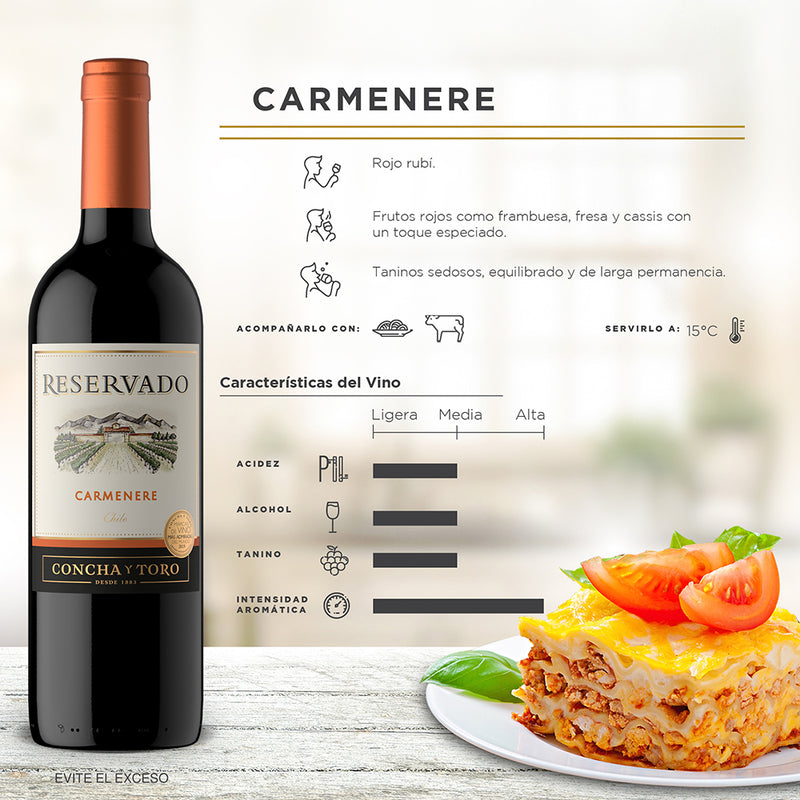 VINO TINTO CONCHA Y TORO RESERVADO CARMENERE 750ML